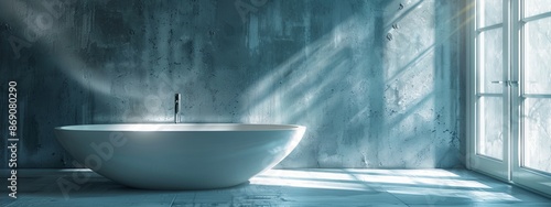  A white bathtub sits in a bathroom, near a window Bright light filters in through the window panes