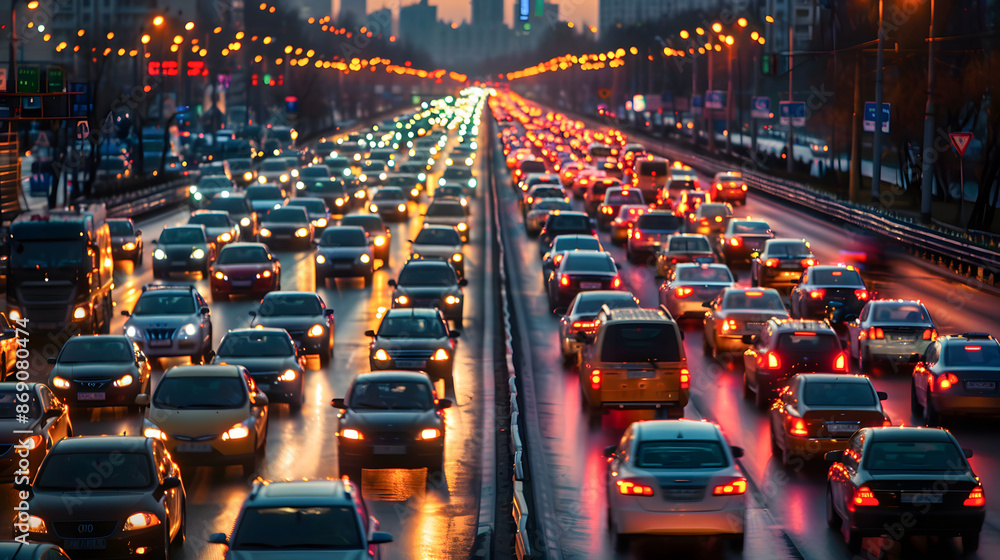 Obraz premium High-detail photo of a busy city street during rush hour, with visible air pollution