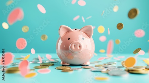 A piggy bank surrounded by coins and banknotes, symbolizing savings and financial security, with a designated area for copy space.