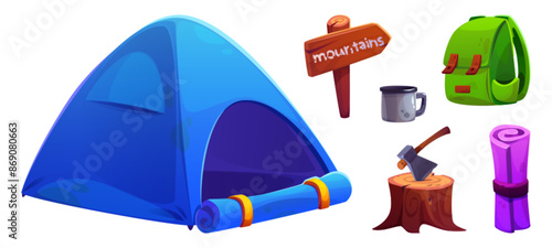 Equipment for camping and hiking - camp tent and tourist backpack, mat and metal mug, axe on tree stump, wooden signboard. Cartoon vector illustration set of outdoor adventure and expedition tools.