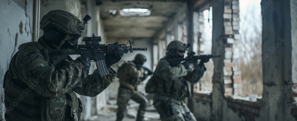Armed soldiers, well-equipped in tactical gear, navigate through a rundown building, focusing on their mission as they prepare for a potential confrontation in a former war zone. Armed soldiers, well-equipped in tactical gear, navigate through a rundown building, focusing on their mission as they prepare for a potential confrontation in a former war zone.