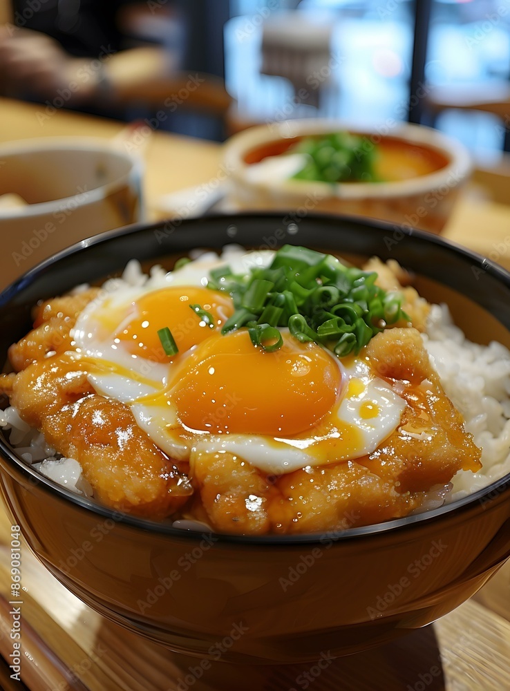A bowl of Japanese chicken rice with egg A bowl of Japanese chicken rice with egg