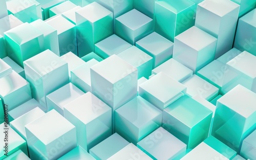 White and jade 3D cubes  isometric view  high gloss  modern and futuristic look  perfect for dynamic backgrounds  Modern  Bright white and jade  3D rendering