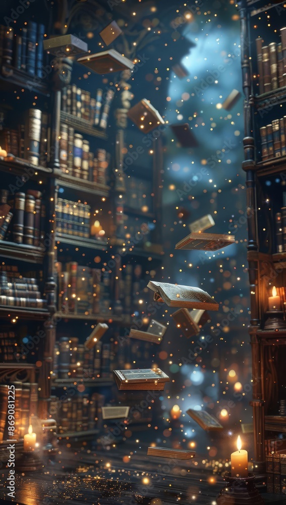 Fototapeta premium Focus on a magical library with floating books and enchanted objects, under dim candlelight, in the evening, in a whimsical style, with space on the right for text