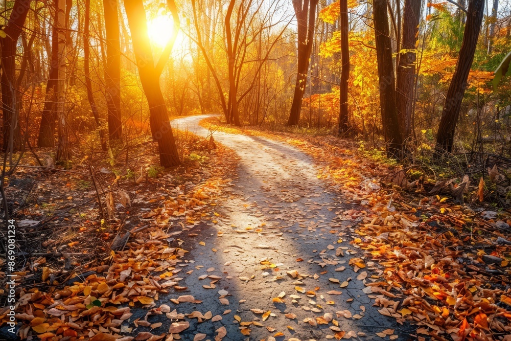 Fototapeta premium Sun shines through dense forest, casting light on trees and fallen leaves on path, A winding path covered in fallen leaves leading through a sunlit forest