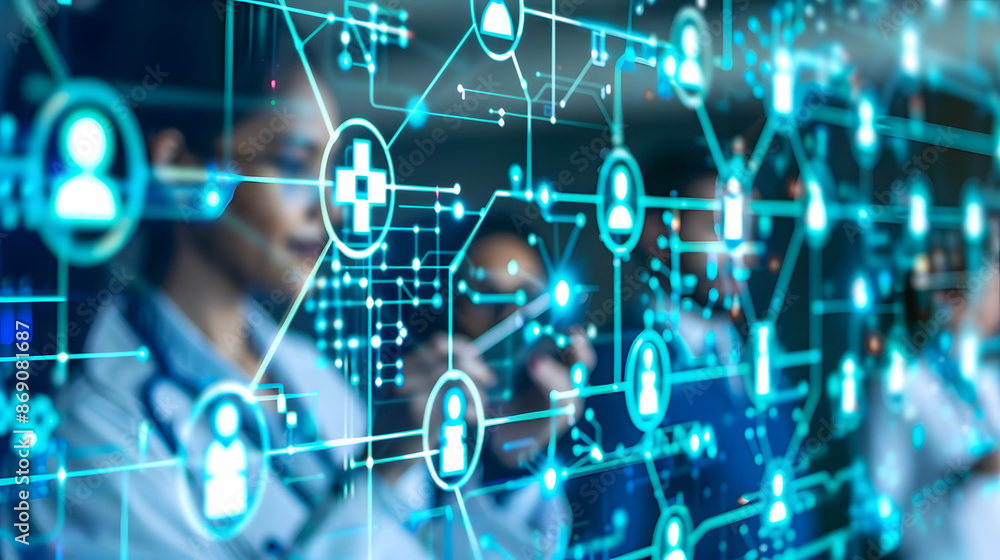Health Information Exchange (HIE), the exchange of health information between healthcare providers with an image depicting seamless sharing of patient records across healthcare network Health Information Exchange (HIE), the exchange of health information between healthcare providers with an image depicting seamless sharing of patient records across healthcare network