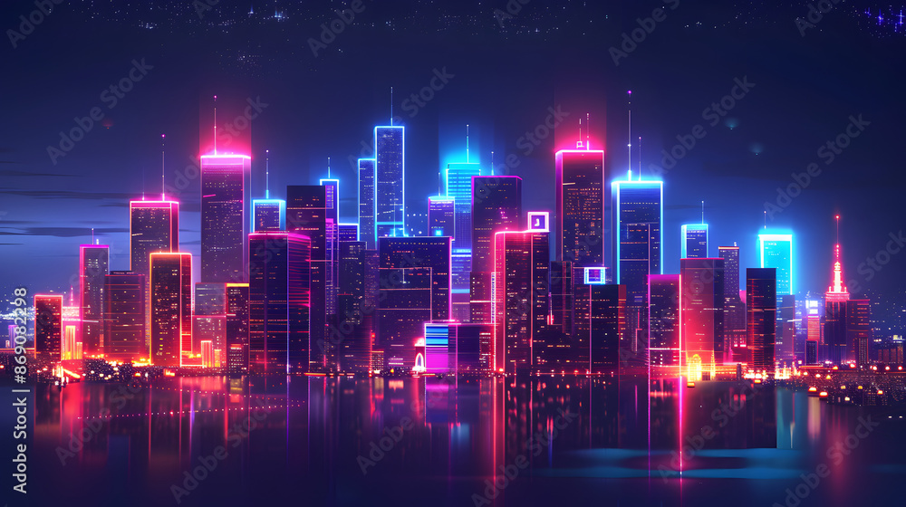 Illustration of a smart city at night, application development concept, smart city, Internet of things, smart life, information technology, gradient grid line, metaverse connection tec Illustration of a smart city at night, application development concept, smart city, Internet of things, smart life, information technology, gradient grid line, metaverse connection tec