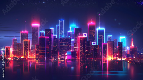 Illustration of a smart city at night, application development concept, smart city, Internet of things, smart life, information technology, gradient grid line, metaverse connection tec