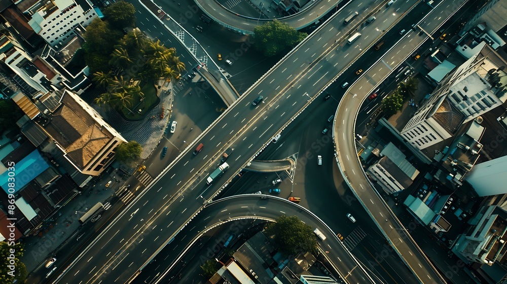 Aerial top down view of a multilevel road junction on Jakarta city during sunny summer day with light traffic : Generative AI Aerial top down view of a multilevel road junction on Jakarta city during sunny summer day with light traffic : Generative AI