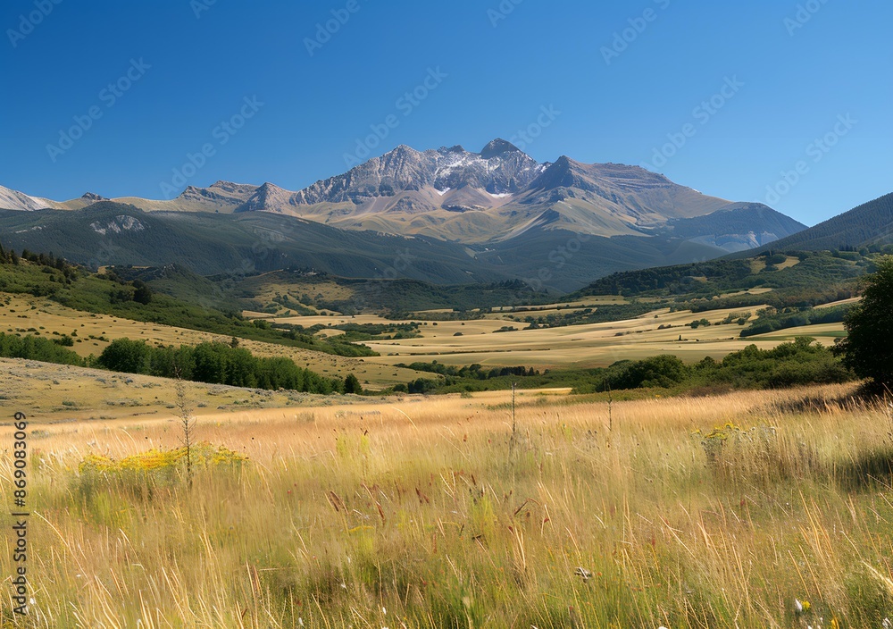 Fototapeta premium mountain landscape with yellow wildflowers in the foreground