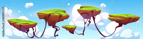 Flying platforms for arcade game design. Vector cartoon illustration of fantasy islands with green lawn floating in blue sky with heavenly white clouds, pieces of land for travel gaming, adventure map