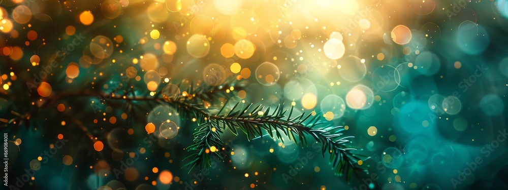 A tight shot of a pine tree branch against a softly blurred backdrop, illuminated by twinkling lights A tight shot of a pine tree branch against a softly blurred backdrop, illuminated by twinkling lights
