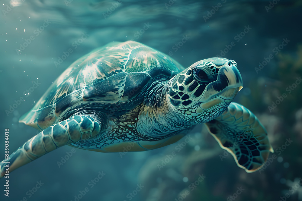 Obraz premium A giant sea turtle swimming elegantly undersea