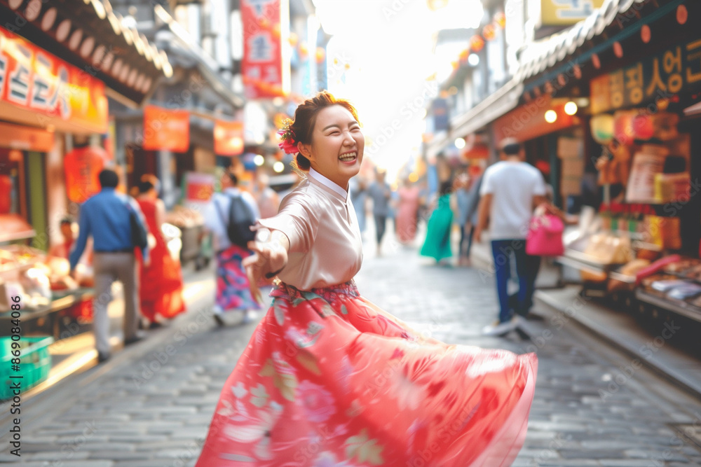 Φωτογραφία A young Asian woman, dressed in a modern hanbok with vibrant colors like scarlet and emerald green, smiles at the camera amidst the bustling Seoul Chuseok street scene