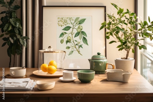 Wallpaper Mural 
GardenCore setup with a wooden table, tea set, and botanical art prints in the background Torontodigital.ca