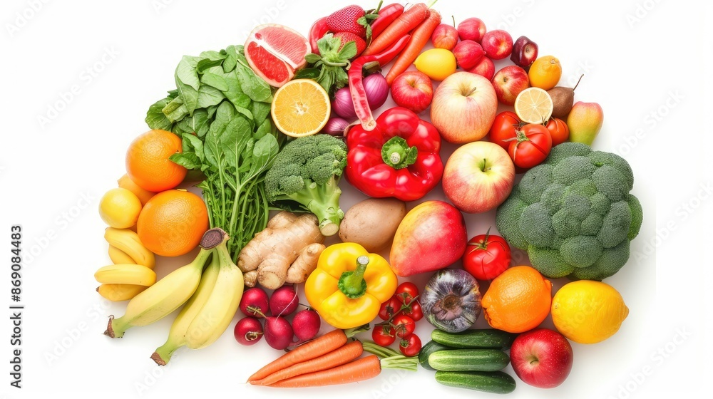 Artistic brain design crafted from colorful fruits and vegetables, isolated on white, promoting healthy habits. Artistic brain design crafted from colorful fruits and vegetables, isolated on white, promoting healthy habits.