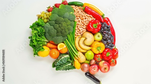 Artistic brain shape made with fruits and vegetables, isolated on a white background, promoting healthy habits.