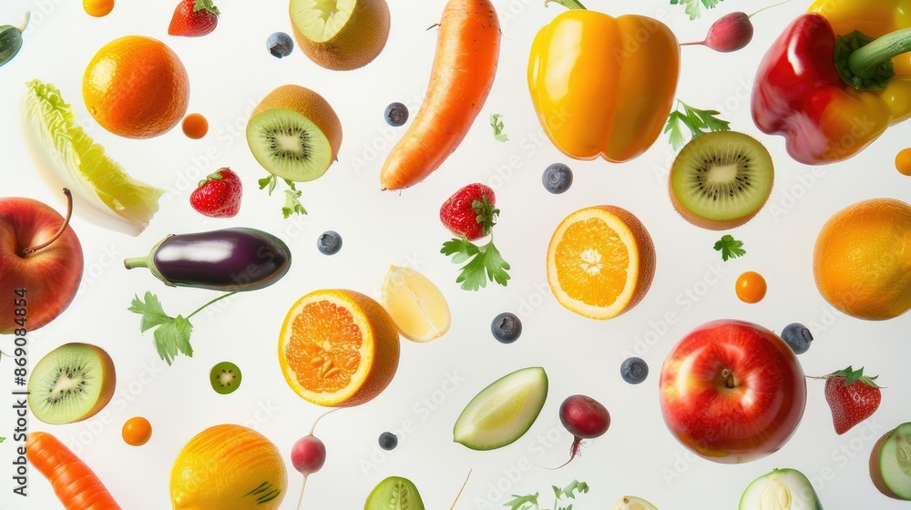 Assorted fresh fruits and vegetables floating gracefully in the air, isolated on white, showcasing natural diversity. Assorted fresh fruits and vegetables floating gracefully in the air, isolated on white, showcasing natural diversity.