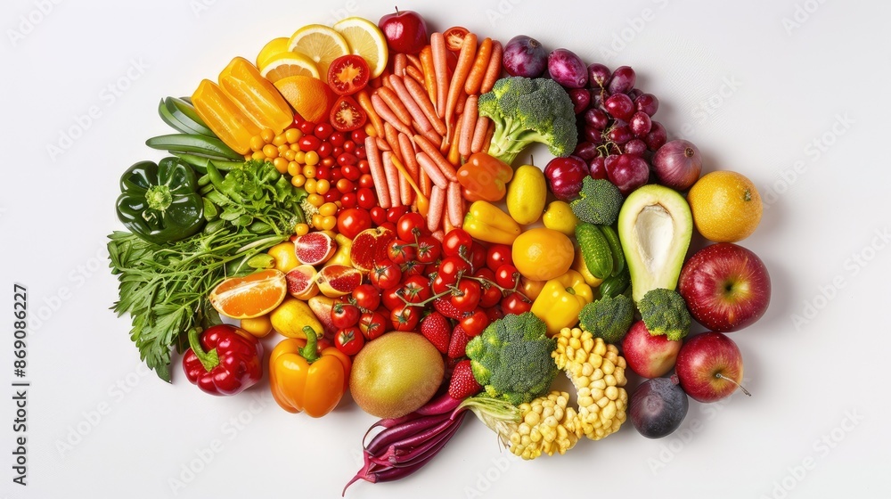 Brain crafted from various fruits and vegetables on a white background, emphasizing health benefits. Brain crafted from various fruits and vegetables on a white background, emphasizing health benefits.