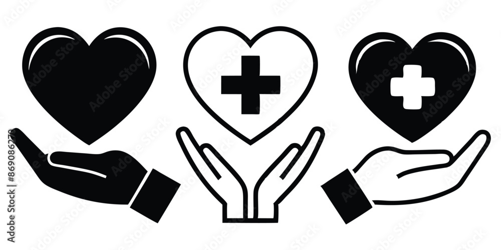 Heart in hand icons set. Hands holding heart icon. Love icon. Health, medicine symbol. Healthcare hands holding heart flat and line style - stock vector. Heart in hand icons set. Hands holding heart icon. Love icon. Health, medicine symbol. Healthcare hands holding heart flat and line style - stock vector.