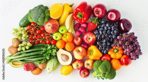 Brain design using assorted fruits and vegetables on a white background, showcasing health benefits. © chanidapa