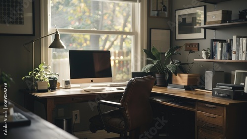 Person working remotely in a stylish home office, focused on a computer, with modern decor and framed art. AIG58