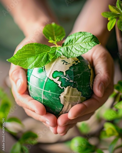 Close-up of hands delicately holding a globe adorned with fresh green leaves
