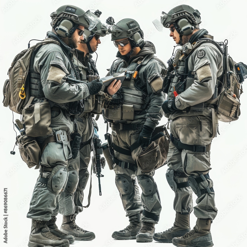 Preparing for the Pest Control Operation: Pilot Briefing Team for Cockroach Extermination Mission on Isolated White Background with Tactical Gear, Copy Space for Text Preparing for the Pest Control Operation: Pilot Briefing Team for Cockroach Extermination Mission on Isolated White Background with Tactical Gear, Copy Space for Text