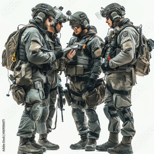 Preparing for the Pest Control Operation: Pilot Briefing Team for Cockroach Extermination Mission on Isolated White Background with Tactical Gear, Copy Space for Text