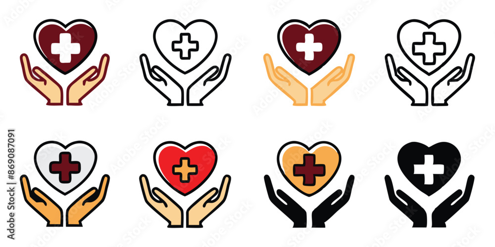 Heart in hand icons set. Hands holding heart icon. Love icon. Health, medicine symbol. Healthcare hands holding heart flat and line style - stock vector. Heart in hand icons set. Hands holding heart icon. Love icon. Health, medicine symbol. Healthcare hands holding heart flat and line style - stock vector.