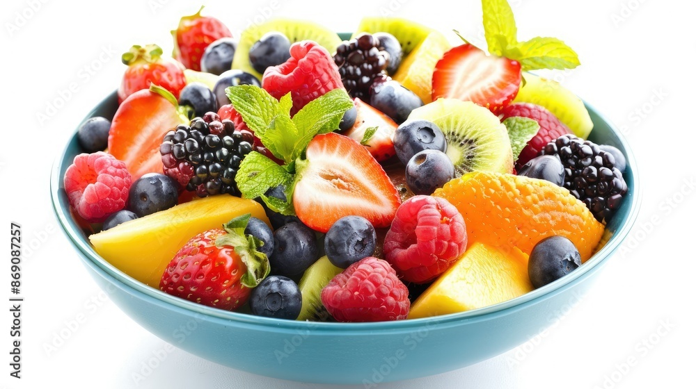 Colorful bowl of fresh fruit salad on a white background, emphasizing a healthy lifestyle. Colorful bowl of fresh fruit salad on a white background, emphasizing a healthy lifestyle.