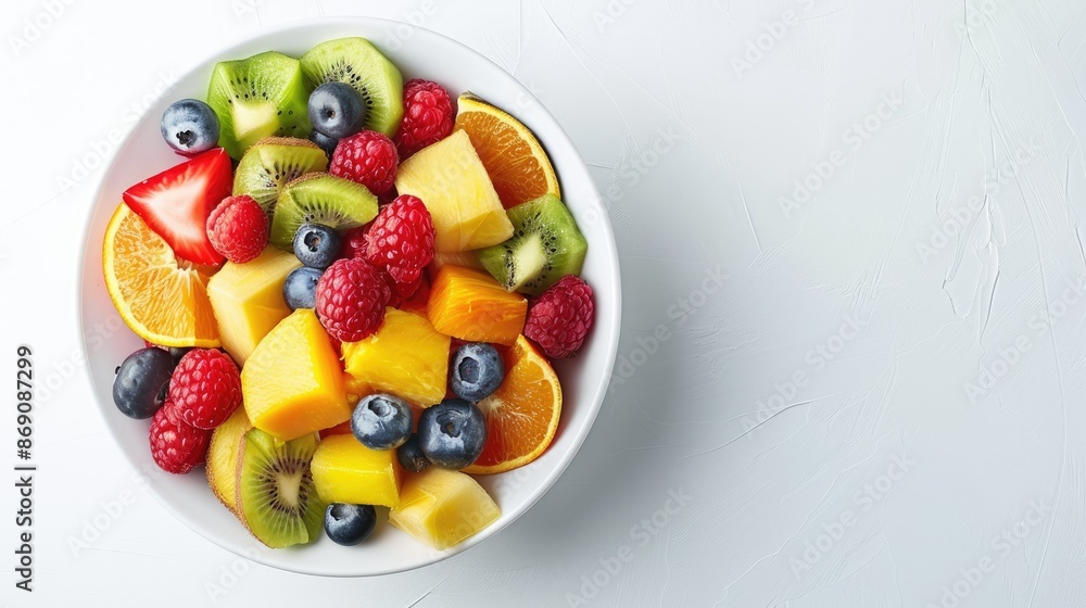 Colorful bowl of fresh fruit salad on a white background, emphasizing a healthy lifestyle. Colorful bowl of fresh fruit salad on a white background, emphasizing a healthy lifestyle.