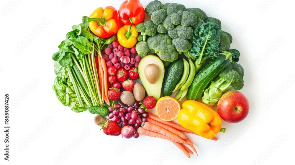 Creative brain shape made from various fruits and vegetables, isolated on white, highlighting nutrition and wellness. Creative brain shape made from various fruits and vegetables, isolated on white, highlighting nutrition and wellness.
