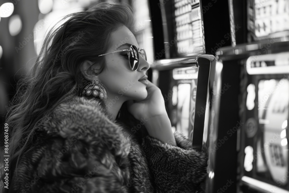 A woman wearing sunglasses and a fur coat sitting in front of slot machines in a casino, A woman in a fur coat and sunglasses watching the reels spin on a slot machine A woman wearing sunglasses and a fur coat sitting in front of slot machines in a casino, A woman in a fur coat and sunglasses watching the reels spin on a slot machine