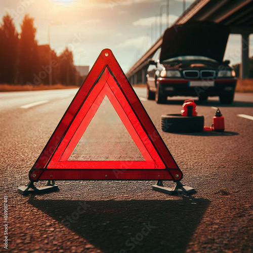 Red triangle warning sign on the road with a car in the background