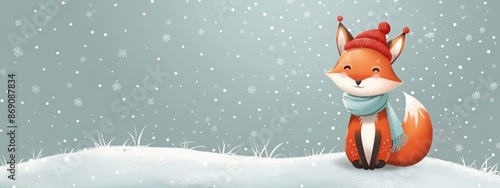  A red fox sits in the snow, donned with a scarf around its neck