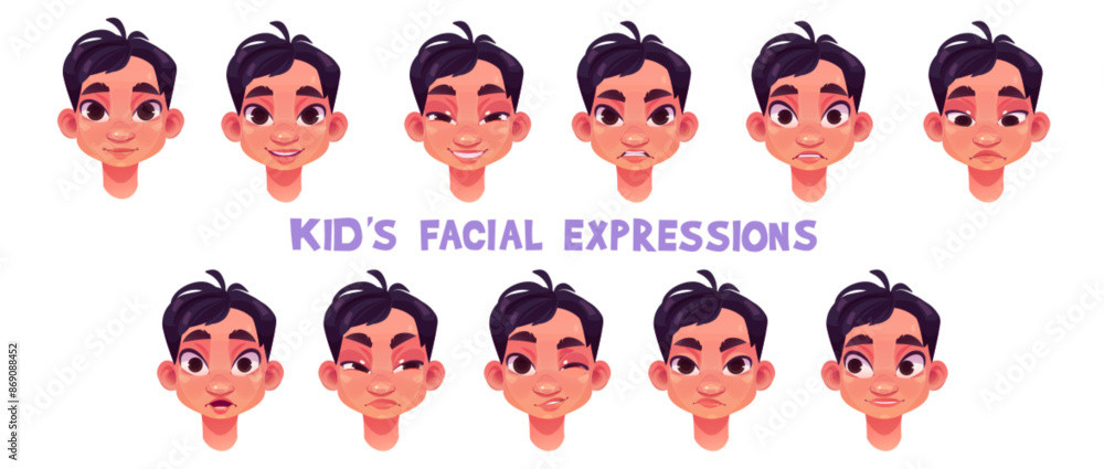 Kid boy face emotions kit. Cartoon vector illustration set of different male child facial expressions. Young guy happy smiling and sad, laughing and winking, surprised and upset. Human emoticon. Kid boy face emotions kit. Cartoon vector illustration set of different male child facial expressions. Young guy happy smiling and sad, laughing and winking, surprised and upset. Human emoticon.