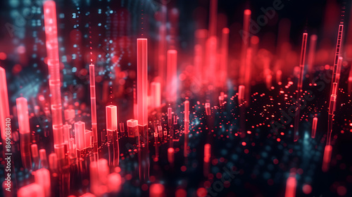 Abstract downward red forex candlestick hologram on dark background. Financial crisis  stock and recession concept. 3D Rendering.