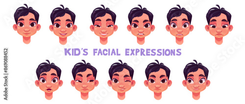 Kid boy face emotions kit. Cartoon vector illustration set of different male child facial expressions. Young guy happy smiling and sad, laughing and winking, surprised and upset. Human emoticon.