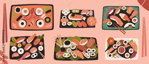 Set of Delicious Japanese Sushi with Fresh Seafood and Rice - Vector Illustaration.