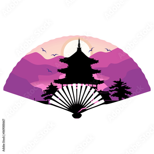 fan image with castle silhouette and Japanese natural scenery for use in media design