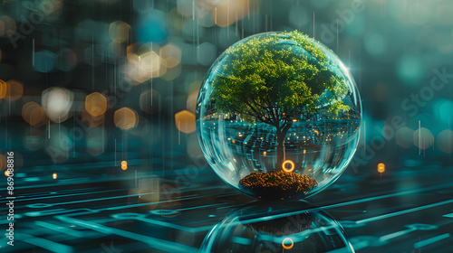 Technology and environmental sustainability concept. A tree is growing in the glass ball surrounding with digital technology. Environmental sustainability and technology development