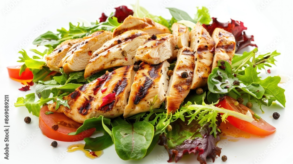 Grilled chicken breast and assorted salad greens on a white background, perfect for showcasing healthy and delicious cuisine. Grilled chicken breast and assorted salad greens on a white background, perfect for showcasing healthy and delicious cuisine.