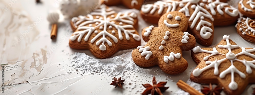 A tight shot of a cookie plate, adorned with icing and star-shaped aniseettes as snowflakes A tight shot of a cookie plate, adorned with icing and star-shaped aniseettes as snowflakes