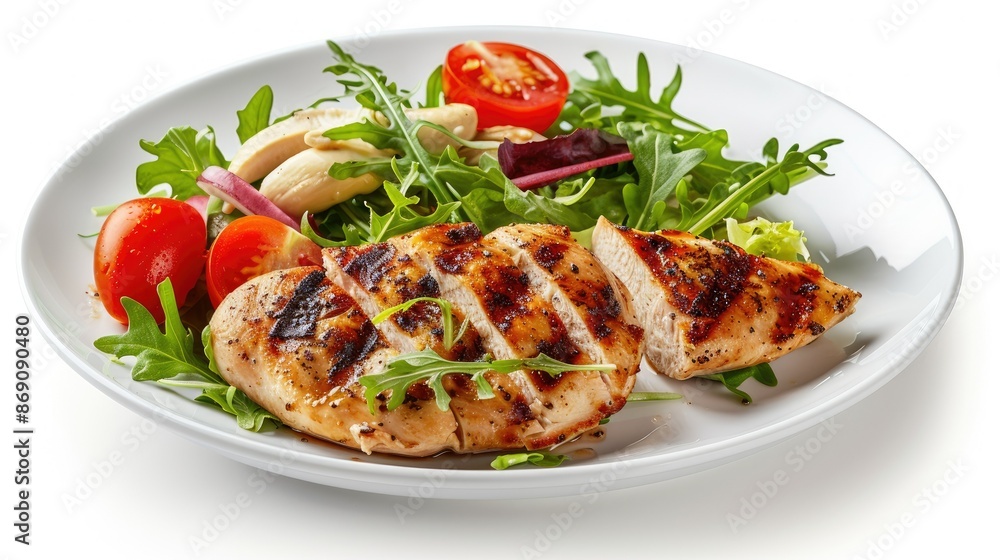 Plate of grilled chicken breast with mixed salad greens and vegetables, isolated on white for gourmet culinary visuals. Plate of grilled chicken breast with mixed salad greens and vegetables, isolated on white for gourmet culinary visuals.