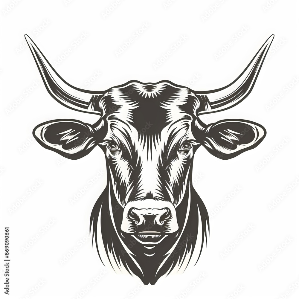 Naklejka premium Rural landscape with cow in meadow, trees and blue sky with clouds, fresh natural product, vector illustration. Generative AI