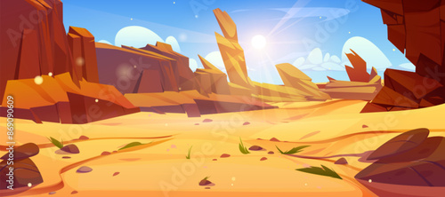 Desert dry landscape with hot sand, rocky cliff mountains and sun on blue sky. Cartoon vector illustration of stone canyon formation in western wilderness scenery. Empty drought sandy valley.