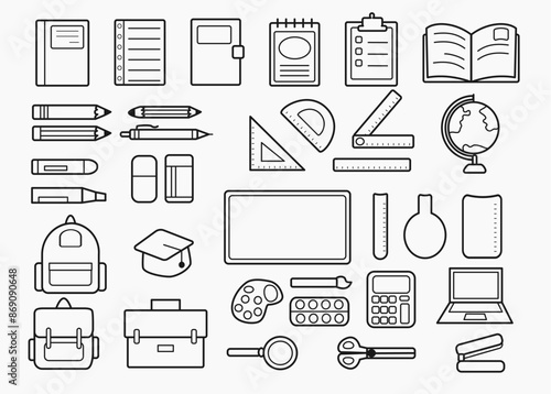 icons set of school supplies isolated on white