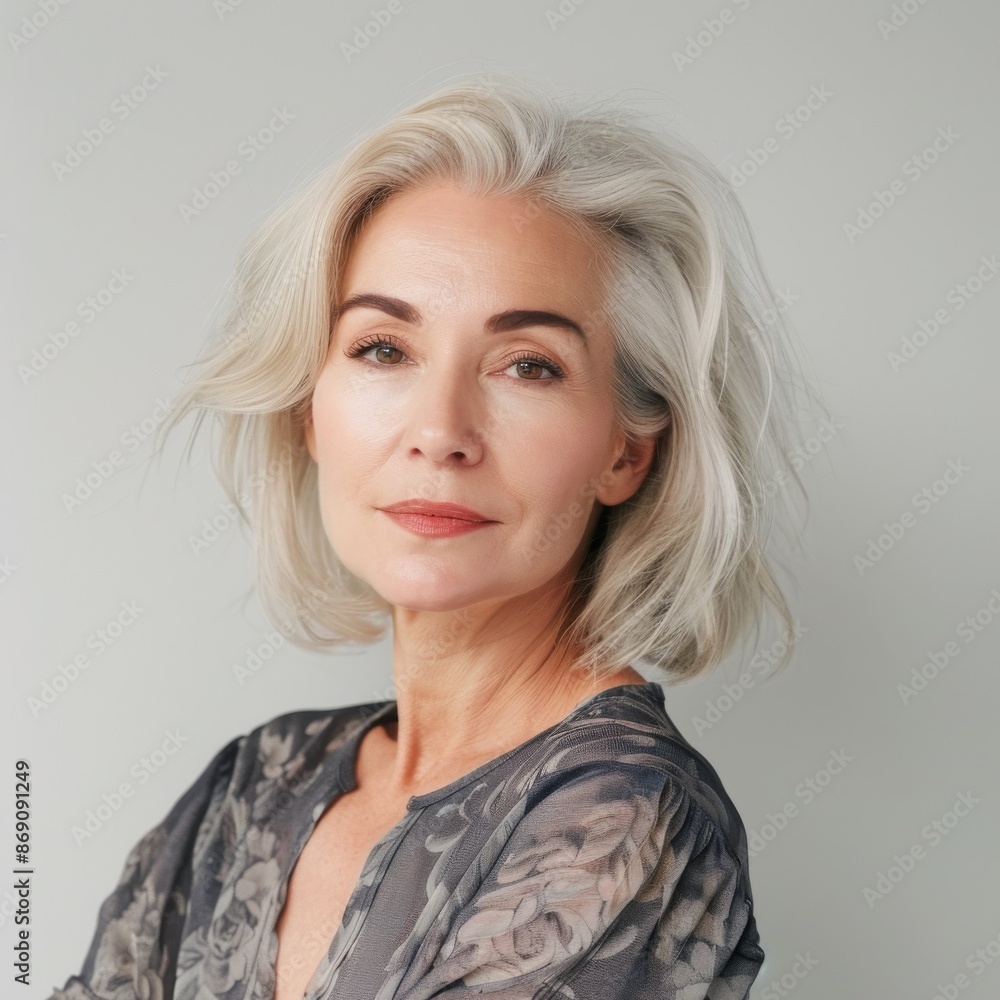 Portrait of an elegant mature woman with short grey hair, exuding confidence and grace, wearing a beautiful patterned blouse, embodying timeless beauty and sophistication. Portrait of an elegant mature woman with short grey hair, exuding confidence and grace, wearing a beautiful patterned blouse, embodying timeless beauty and sophistication.