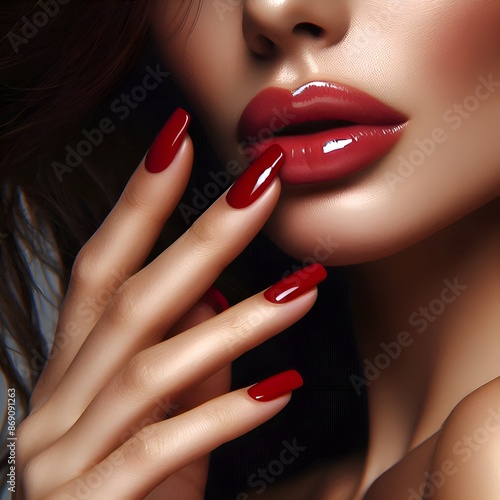 woman makeup red lips and nails